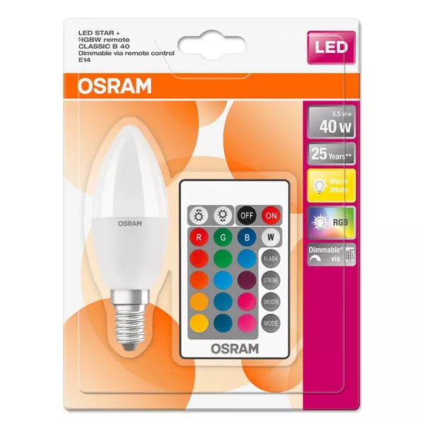 Osram Star+ RGBW/matt búra/5,5W/470lm/2700K/E14 távirányítható LED gyertya izzó