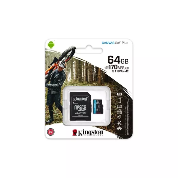 Kingston 64GB SD micro Canvas Go! Plus (SDXC Class 10  UHS-I U3) (SDCG3/64GB) memória kártya adapterrel
