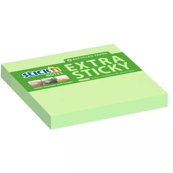 Stick`N ExtraSticky Recycled 76x76 mm 90 lap újrahasznosított pasztell zöld jegyzettömb