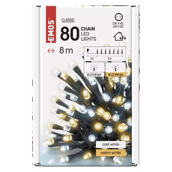 Emos D4AN04 8m/80LED/kül-beltéri/időzítős/meleg/hideg fehér karácsonyi LED fényfüzér