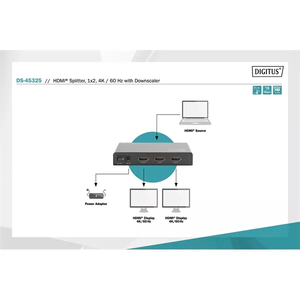 DIGITUS DS-45324 2 portos 4K/60Hz HDMI splitter