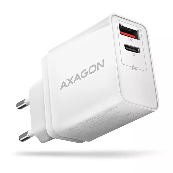 Axagon ACU-PQ22W QC3.0 + USB-C fehér fali töltő