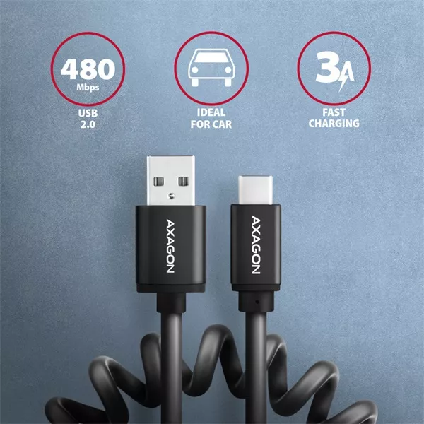 Axagon BUCM-AM10TB Twister USB-C 2.0 - USB-A 0,6 m fekete csavart kábel