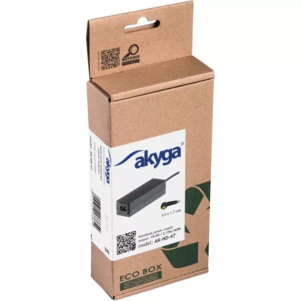 Akyga AK-ND-47 19V/2,15A/40W 5,5x1,7mm Acer / Dell / Packard Bell notebook hálózati töltő