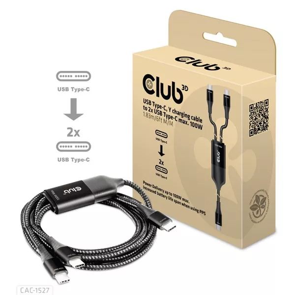CLUB3D USB Type C - 2x USB Type C 1,83m Y töltőkábel