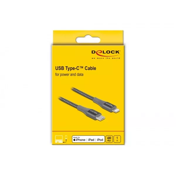 Delock 86631 1m USB-C - Lightning iPhone/iPad/iPod kompatibilis szürke MFi adat- és töltőkábel