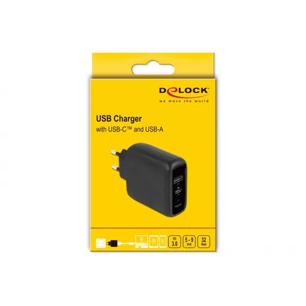 Delock 41455 USB-C PD 3.0 + USB-A 20W+12W hálózati töltő