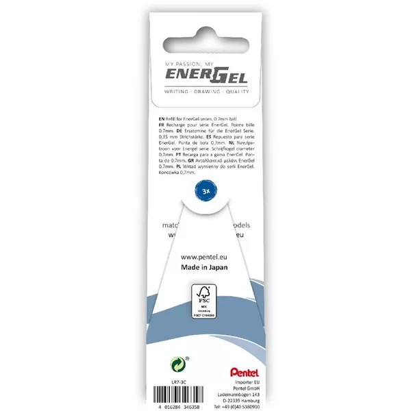 Pentel EnerGel 3 db/csomag 0.35mm zselés kék rollerirón betét