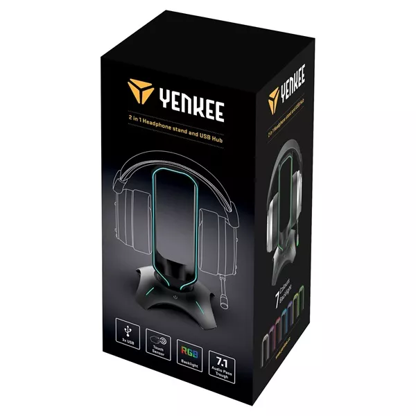 Yenkee 45015057 YHB 3003 RGB gamer USB HUB és fejhallgató állvány