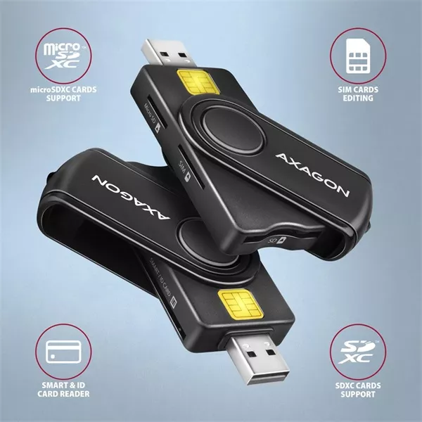 Axagon CRE-SMP2A USB Smart card & SD/microSD/SIM card PocketReader összecsukható okos kártyaolvasó