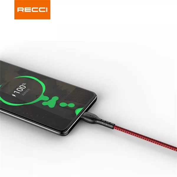Recci RTC-N16LR 3A gyorstöltő 1m Lightning - USB textil borítású piros adat- és töltőkábel