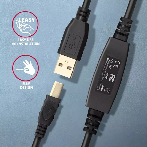 Axagon ADR-215B 15m USB 2.0 A apa - USB B apa aktív repeater kábel