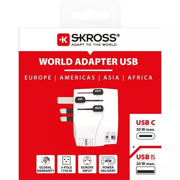 Skross USB A/USB C töltő bemenettel földelt világutazó adapter