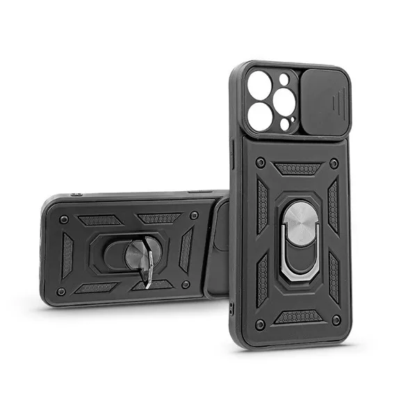 Haffner PT-6757 iPhone 13 Pro Max ütésálló fekete műanyag hátlap gyűrűvel és kameravédővel