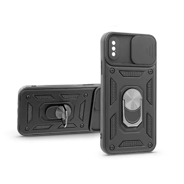 Haffner PT-6759 iPhone X/XS ütésálló fekete műanyag hátlap gyűrűvel és kameravédővel