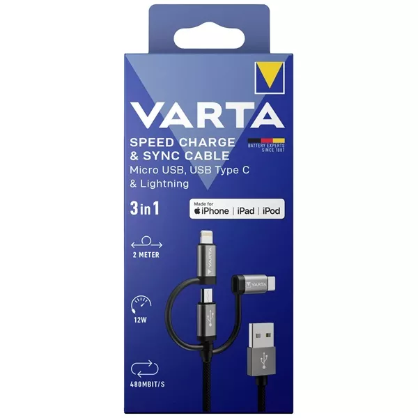 Varta 57937101111 2m 12W 3in1 USB A - Lightning/microUSB/Type C adat- és töltőkábel