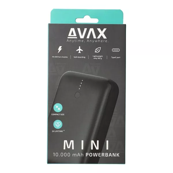 AVAX PB105B MINI 10000mAh Type C/PD 20W+QC 22.5W gyorstöltő fekete power bank