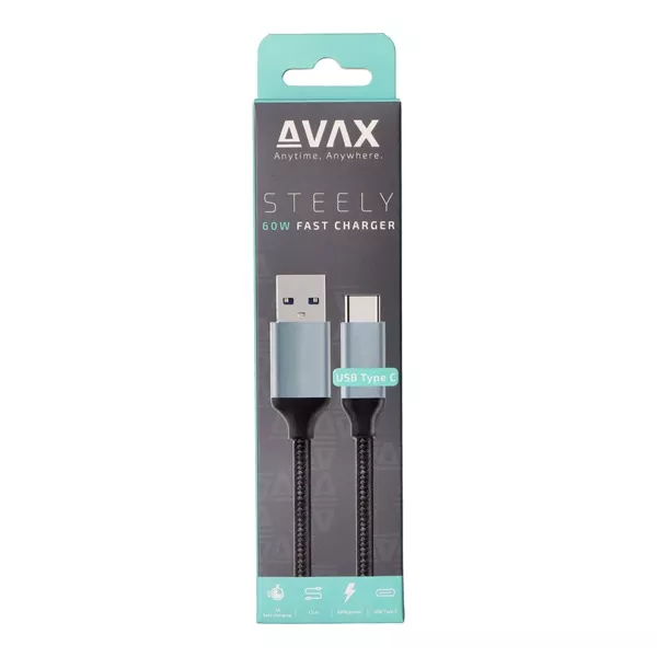 AVAX CB301G STEELY 1,5m 3A USB A-Type-C gyorstöltő sodorszálas acélszürke adat- és töltőkábel