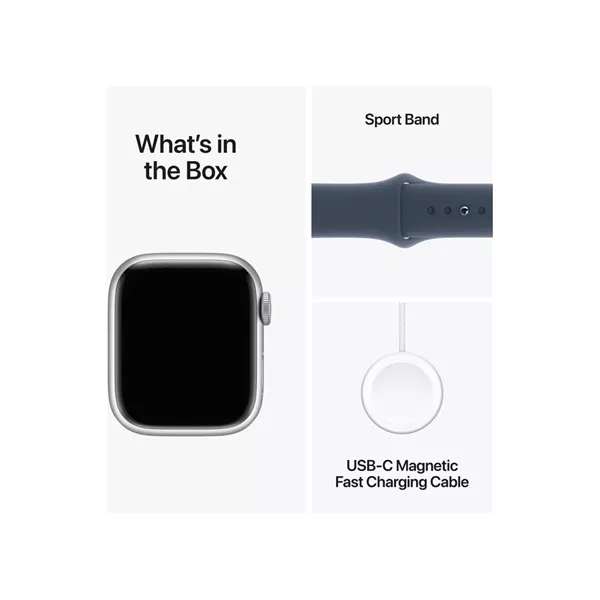 Apple Watch S9 GPS (41mm) ezüst alumínium tok , kék sport szíj (M/L) okosóra