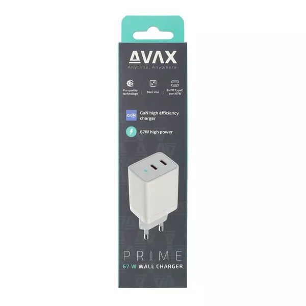 AVAX CH901W PRIME 67W GaN gyors hálózati töltő 2x Type C (PD), fehér