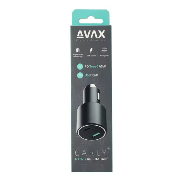AVAX CC663B CARLY+ 63W Autós töltő USB A (QC)+Type C (PD), fekete