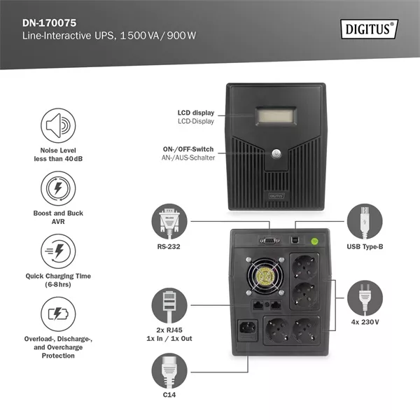 Digitus DN-170075 1500VA LCD szünetmentes tápegység