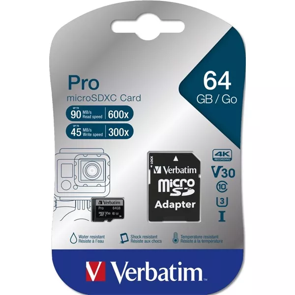 Verbatim 47042 SDXC 64GB Pro U3 Class 10 micro memóriakártya + adapter