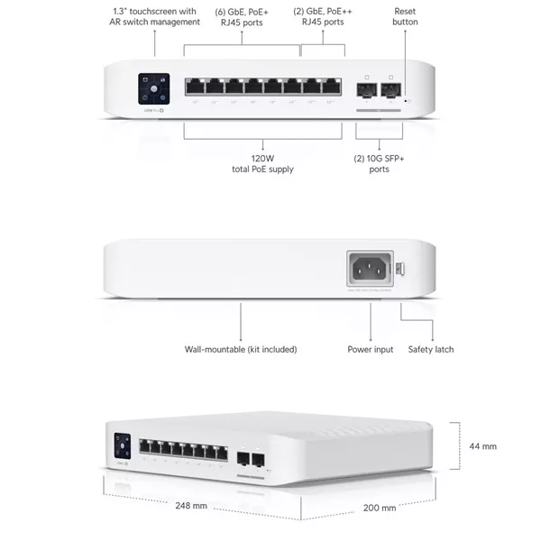 Ubiquiti USW-Pro-8-PoE 8port GbE LAN 6xPoE/PoE+ 2x PoE++ 2xSFP+ port 120W port L3 menedzselhető switch