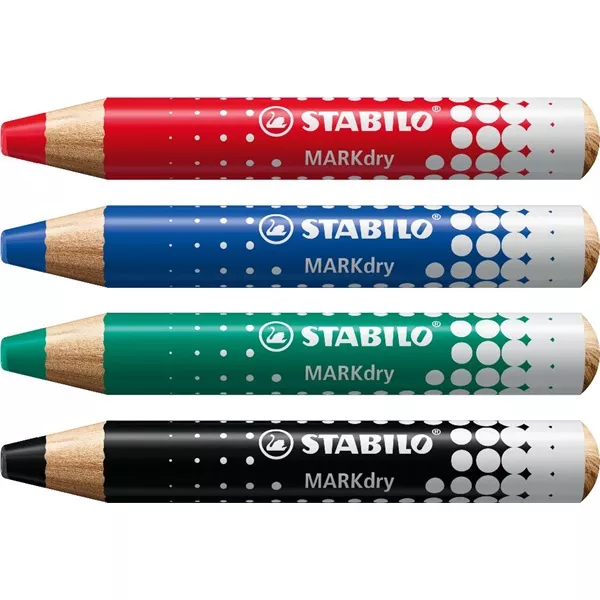 Stabilo MARKdry táblákhoz és flipchartokhoz 4db-os vastag színes ceruza készlet törlőkenővel és hegyezővel