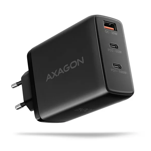 AXAGON ACU-DPQ100 3x port (USB + dual USB-C), PD3.0/QC4+/PPS/Apple 100W fekete GaN töltő