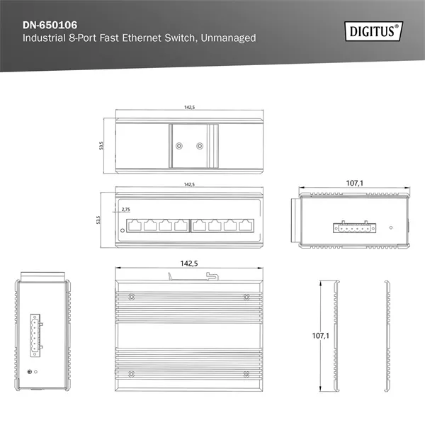 DIGITUS DN-650106 8port 10/100 falra szerelhető ipari switch
