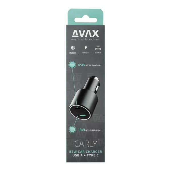 AVAX CC665B CARLY+ 83W USB A+Type C fekete autós töltő