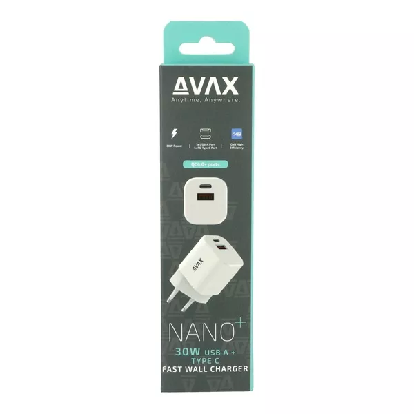 AVAX CH640W NANO+ 30W GaN USB A (QC4.0+)+ Type C (PD3.0) fehér hálózati gyorstöltő