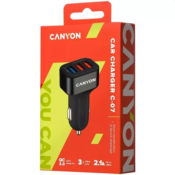 Canyon CNE-CCA07B QC 3.0 2.4A 3xUSB-A fekete auós töltő