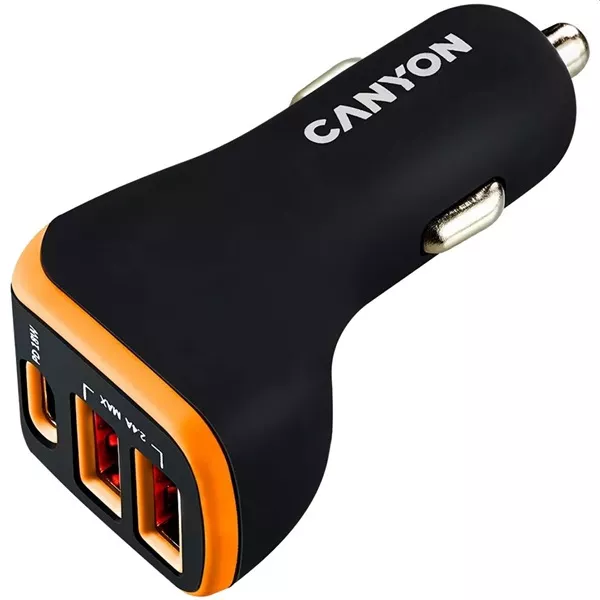 Canyon CNE-CCA08BO PD 18W USB-C/2xUSB-A fekete/narancssárga autós töltő
