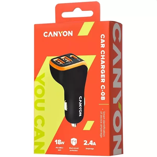 Canyon CNE-CCA08BO PD 18W USB-C/2xUSB-A fekete/narancssárga auós töltő