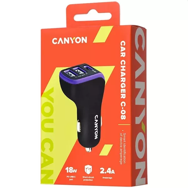 Canyon CNE-CCA08PU PD 18W USB-C/2xUSB-A fekete/lila autós töltő