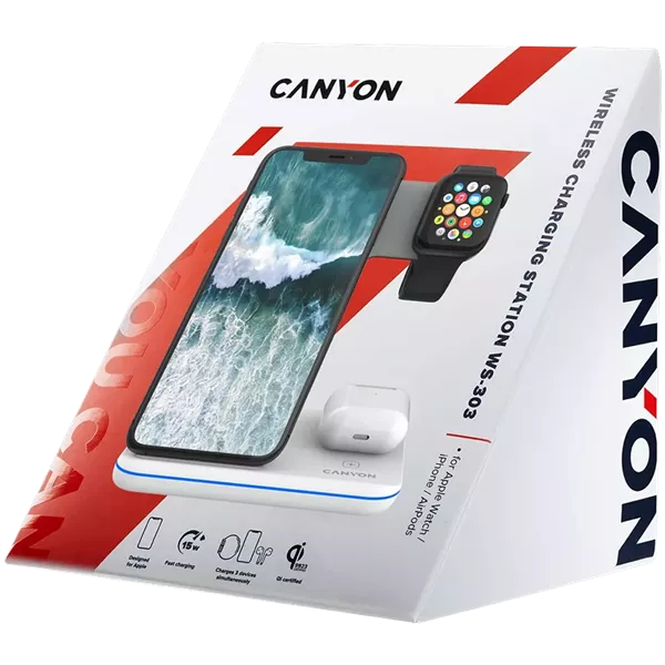 Canyon WS-303 3-in-1 15W univerzális vezeték nélküli töltő adapter fehér (Qi)