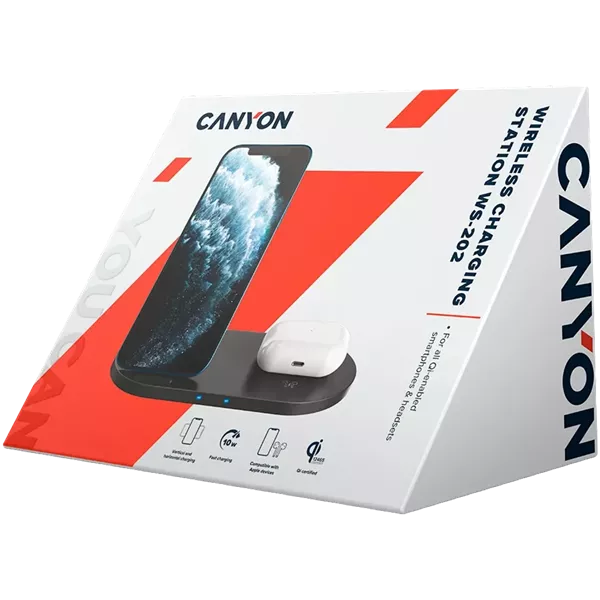 Canyon WS-202 2-in-1 15W univerzális vezeték nélküli töltő adapter fekete (Qi)