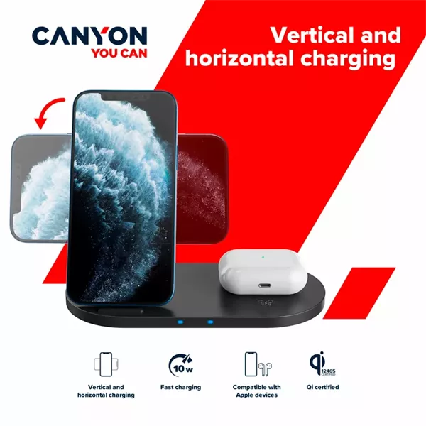 Canyon WS-202 2-in-1 15W univerzális vezeték nélküli töltő adapter fekete (Qi)