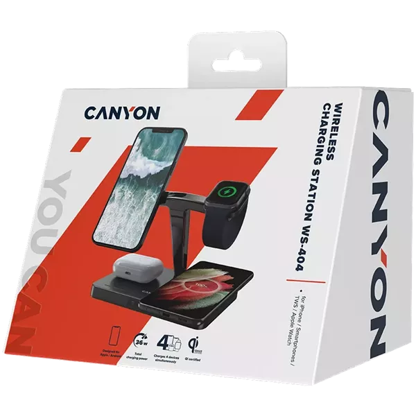 Canyon WS-404 4-in-1 15W univerzális vezeték nélküli töltő adapter fekete (Qi)