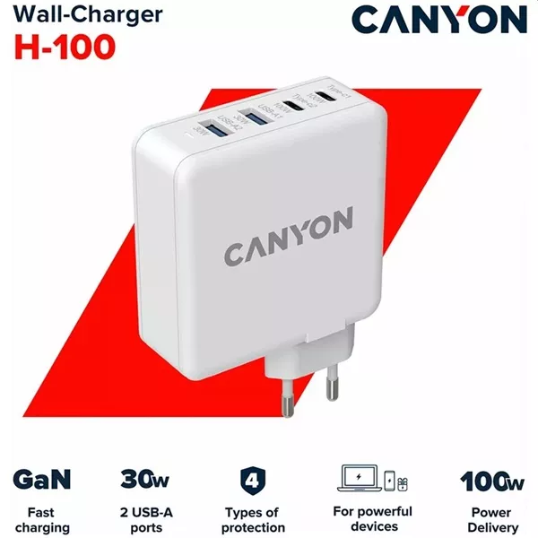 Canyon CND-CHA100W01 GaN PD 100W QC 3.0 30W fehér hálózati adapter