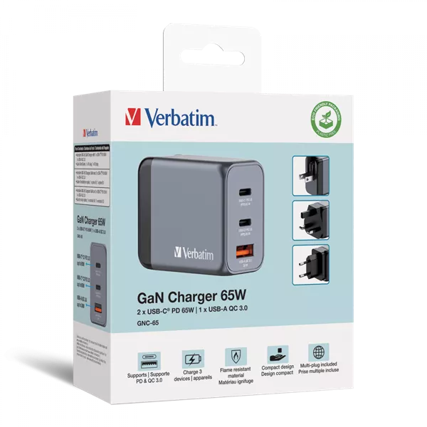 Verbatim 32201 GNC-65 GaN Charger 65W USB Type-A + 2xType-C hálózati töltő adapter