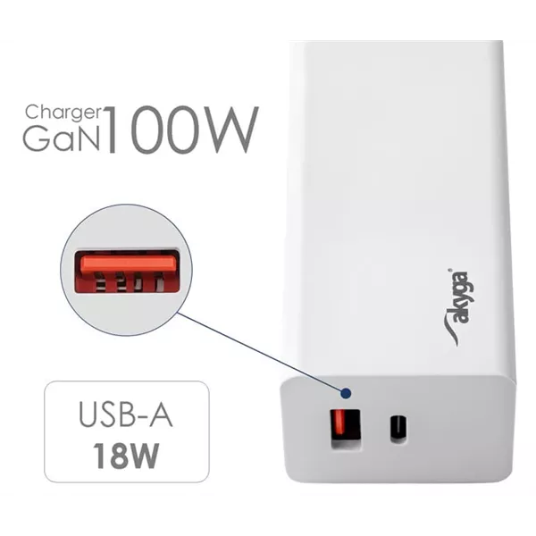 CHG Akyga AK-CH-20 USB-A + USB-C PD 5-20V / max. 5A 100W Quick Charge 3.0 GaN gyorstöltő