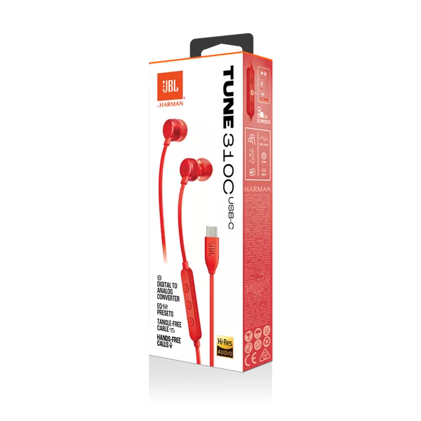 JBL T 310 C RED vezetékes USB C mikrofonos piros fülhallgató