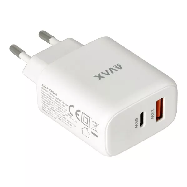 AVAX CH360 SPEEDY 65W GaN USB A (QC)+Type C (PD3.0) fehér hálózati töltő