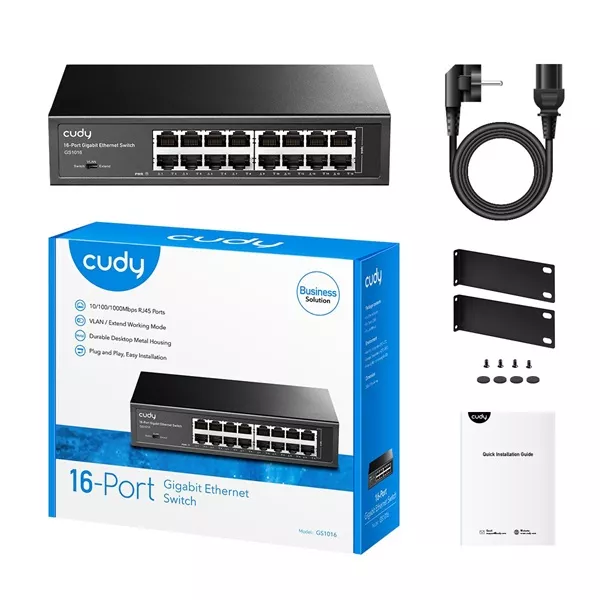 CUDY GS1016 16 portos Gigabit, VLAN/Extend mód, fém ház, fekete asztali Switch