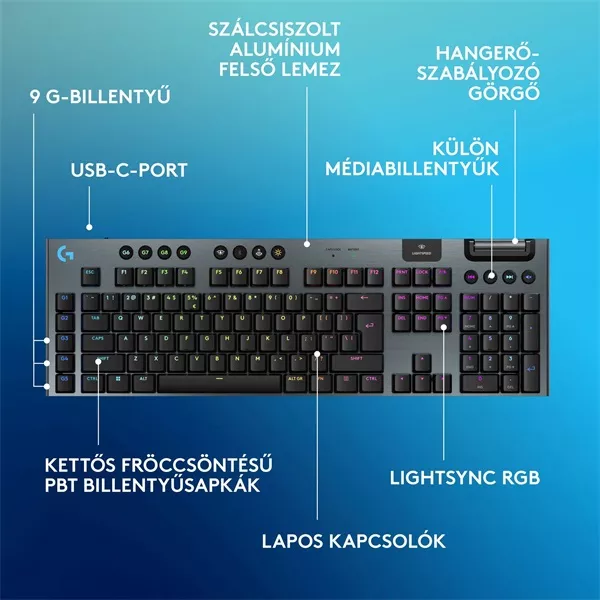 Logitech G915 X LIGHTSPEED US vezeték nélküli fekete billentyűzet