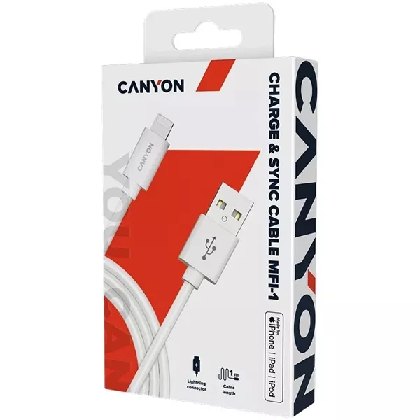 Canyon CNS-MFICAB01W 1m USB - Lightning fehér adat- és töltőkábel