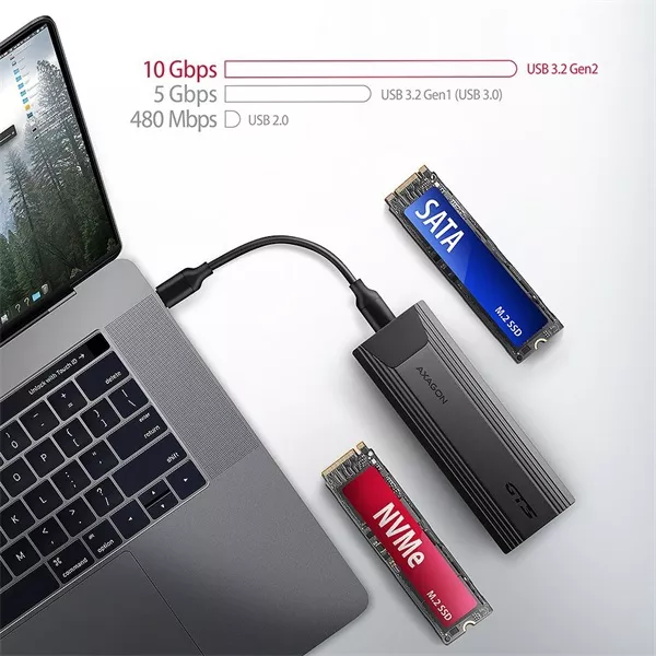 Axagon EEM2-GTS2 USB-C 3.2 Gen 2 M.2 NVMe/SATA szürke csavar nélküli külső SSD ház